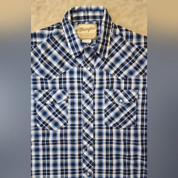Wrangler Large Pearl Snap Plaid Shirt Blue Western - Picture 3 of 9